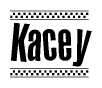 The clipart image displays the text Kacey in a bold, stylized font. It is enclosed in a rectangular border with a checkerboard pattern running below and above the text, similar to a finish line in racing. 