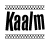 The clipart image displays the text Kaalm in a bold, stylized font. It is enclosed in a rectangular border with a checkerboard pattern running below and above the text, similar to a finish line in racing. 