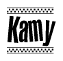 The image is a black and white clipart of the text Kamy in a bold, italicized font. The text is bordered by a dotted line on the top and bottom, and there are checkered flags positioned at both ends of the text, usually associated with racing or finishing lines.