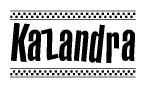 The image is a black and white clipart of the text Kazandra in a bold, italicized font. The text is bordered by a dotted line on the top and bottom, and there are checkered flags positioned at both ends of the text, usually associated with racing or finishing lines.