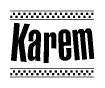 The clipart image displays the text Karem in a bold, stylized font. It is enclosed in a rectangular border with a checkerboard pattern running below and above the text, similar to a finish line in racing. 
