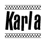 The image is a black and white clipart of the text Karla in a bold, italicized font. The text is bordered by a dotted line on the top and bottom, and there are checkered flags positioned at both ends of the text, usually associated with racing or finishing lines.