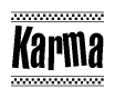 The image is a black and white clipart of the text Karma in a bold, italicized font. The text is bordered by a dotted line on the top and bottom, and there are checkered flags positioned at both ends of the text, usually associated with racing or finishing lines.