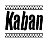 The image is a black and white clipart of the text Kaban in a bold, italicized font. The text is bordered by a dotted line on the top and bottom, and there are checkered flags positioned at both ends of the text, usually associated with racing or finishing lines.