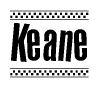 The clipart image displays the text Keane in a bold, stylized font. It is enclosed in a rectangular border with a checkerboard pattern running below and above the text, similar to a finish line in racing. 