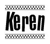 The image contains the text Keren in a bold, stylized font, with a checkered flag pattern bordering the top and bottom of the text.