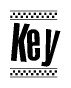 The image contains the text Key in a bold, stylized font, with a checkered flag pattern bordering the top and bottom of the text.