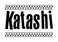 The image is a black and white clipart of the text Katashi in a bold, italicized font. The text is bordered by a dotted line on the top and bottom, and there are checkered flags positioned at both ends of the text, usually associated with racing or finishing lines.