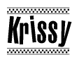 The image is a black and white clipart of the text Krissy in a bold, italicized font. The text is bordered by a dotted line on the top and bottom, and there are checkered flags positioned at both ends of the text, usually associated with racing or finishing lines.