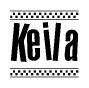 The image is a black and white clipart of the text Keila in a bold, italicized font. The text is bordered by a dotted line on the top and bottom, and there are checkered flags positioned at both ends of the text, usually associated with racing or finishing lines.