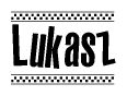 The clipart image displays the text Lukasz in a bold, stylized font. It is enclosed in a rectangular border with a checkerboard pattern running below and above the text, similar to a finish line in racing. 