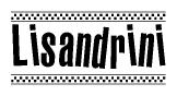The image is a black and white clipart of the text Lisandrini in a bold, italicized font. The text is bordered by a dotted line on the top and bottom, and there are checkered flags positioned at both ends of the text, usually associated with racing or finishing lines.