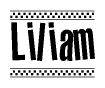 The image is a black and white clipart of the text Liliam in a bold, italicized font. The text is bordered by a dotted line on the top and bottom, and there are checkered flags positioned at both ends of the text, usually associated with racing or finishing lines.