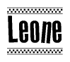 The image contains the text Leone in a bold, stylized font, with a checkered flag pattern bordering the top and bottom of the text.