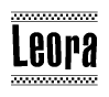 The image is a black and white clipart of the text Leora in a bold, italicized font. The text is bordered by a dotted line on the top and bottom, and there are checkered flags positioned at both ends of the text, usually associated with racing or finishing lines.