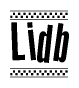 The image is a black and white clipart of the text Lidb in a bold, italicized font. The text is bordered by a dotted line on the top and bottom, and there are checkered flags positioned at both ends of the text, usually associated with racing or finishing lines.