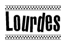 The clipart image displays the text Lourdes in a bold, stylized font. It is enclosed in a rectangular border with a checkerboard pattern running below and above the text, similar to a finish line in racing. 