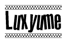 The clipart image displays the text Luxyume in a bold, stylized font. It is enclosed in a rectangular border with a checkerboard pattern running below and above the text, similar to a finish line in racing. 