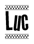 The clipart image displays the text Luc in a bold, stylized font. It is enclosed in a rectangular border with a checkerboard pattern running below and above the text, similar to a finish line in racing. 