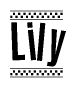 The clipart image displays the text Lily in a bold, stylized font. It is enclosed in a rectangular border with a checkerboard pattern running below and above the text, similar to a finish line in racing. 