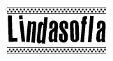 The clipart image displays the text Lindasofla in a bold, stylized font. It is enclosed in a rectangular border with a checkerboard pattern running below and above the text, similar to a finish line in racing. 