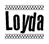 The image contains the text Loyda in a bold, stylized font, with a checkered flag pattern bordering the top and bottom of the text.