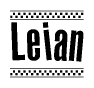 The image is a black and white clipart of the text Leian in a bold, italicized font. The text is bordered by a dotted line on the top and bottom, and there are checkered flags positioned at both ends of the text, usually associated with racing or finishing lines.