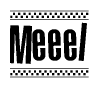 The image is a black and white clipart of the text Meeel in a bold, italicized font. The text is bordered by a dotted line on the top and bottom, and there are checkered flags positioned at both ends of the text, usually associated with racing or finishing lines.