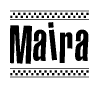 The image contains the text Maira in a bold, stylized font, with a checkered flag pattern bordering the top and bottom of the text.