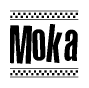 The clipart image displays the text Moka in a bold, stylized font. It is enclosed in a rectangular border with a checkerboard pattern running below and above the text, similar to a finish line in racing. 