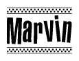 The image contains the text Marvin in a bold, stylized font, with a checkered flag pattern bordering the top and bottom of the text.