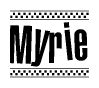 The clipart image displays the text Myrie in a bold, stylized font. It is enclosed in a rectangular border with a checkerboard pattern running below and above the text, similar to a finish line in racing. 