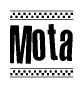 The clipart image displays the text Mota in a bold, stylized font. It is enclosed in a rectangular border with a checkerboard pattern running below and above the text, similar to a finish line in racing. 