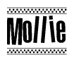 The image is a black and white clipart of the text Mollie in a bold, italicized font. The text is bordered by a dotted line on the top and bottom, and there are checkered flags positioned at both ends of the text, usually associated with racing or finishing lines.