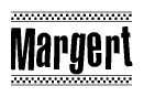 The clipart image displays the text Margert in a bold, stylized font. It is enclosed in a rectangular border with a checkerboard pattern running below and above the text, similar to a finish line in racing. 