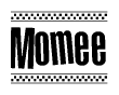 The image is a black and white clipart of the text Momee in a bold, italicized font. The text is bordered by a dotted line on the top and bottom, and there are checkered flags positioned at both ends of the text, usually associated with racing or finishing lines.