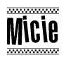 The image contains the text Micie in a bold, stylized font, with a checkered flag pattern bordering the top and bottom of the text.