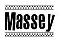 The clipart image displays the text Massey in a bold, stylized font. It is enclosed in a rectangular border with a checkerboard pattern running below and above the text, similar to a finish line in racing. 