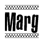 The image contains the text Marg in a bold, stylized font, with a checkered flag pattern bordering the top and bottom of the text.