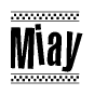 The clipart image displays the text Miay in a bold, stylized font. It is enclosed in a rectangular border with a checkerboard pattern running below and above the text, similar to a finish line in racing. 