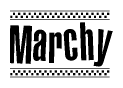 The image is a black and white clipart of the text Marchy in a bold, italicized font. The text is bordered by a dotted line on the top and bottom, and there are checkered flags positioned at both ends of the text, usually associated with racing or finishing lines.