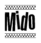 The image is a black and white clipart of the text Mido in a bold, italicized font. The text is bordered by a dotted line on the top and bottom, and there are checkered flags positioned at both ends of the text, usually associated with racing or finishing lines.