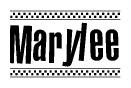 The image is a black and white clipart of the text Marylee in a bold, italicized font. The text is bordered by a dotted line on the top and bottom, and there are checkered flags positioned at both ends of the text, usually associated with racing or finishing lines.
