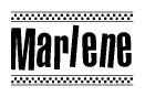 The image is a black and white clipart of the text Marlene in a bold, italicized font. The text is bordered by a dotted line on the top and bottom, and there are checkered flags positioned at both ends of the text, usually associated with racing or finishing lines.