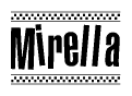 The image contains the text Mirella in a bold, stylized font, with a checkered flag pattern bordering the top and bottom of the text.