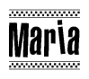 The image is a black and white clipart of the text Maria in a bold, italicized font. The text is bordered by a dotted line on the top and bottom, and there are checkered flags positioned at both ends of the text, usually associated with racing or finishing lines.