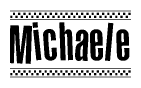 The image contains the text Michaele in a bold, stylized font, with a checkered flag pattern bordering the top and bottom of the text.