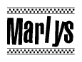 The image is a black and white clipart of the text Marlys in a bold, italicized font. The text is bordered by a dotted line on the top and bottom, and there are checkered flags positioned at both ends of the text, usually associated with racing or finishing lines.