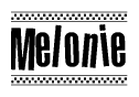 The image is a black and white clipart of the text Melonie in a bold, italicized font. The text is bordered by a dotted line on the top and bottom, and there are checkered flags positioned at both ends of the text, usually associated with racing or finishing lines.