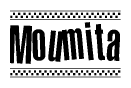 The image contains the text Moumita in a bold, stylized font, with a checkered flag pattern bordering the top and bottom of the text.
